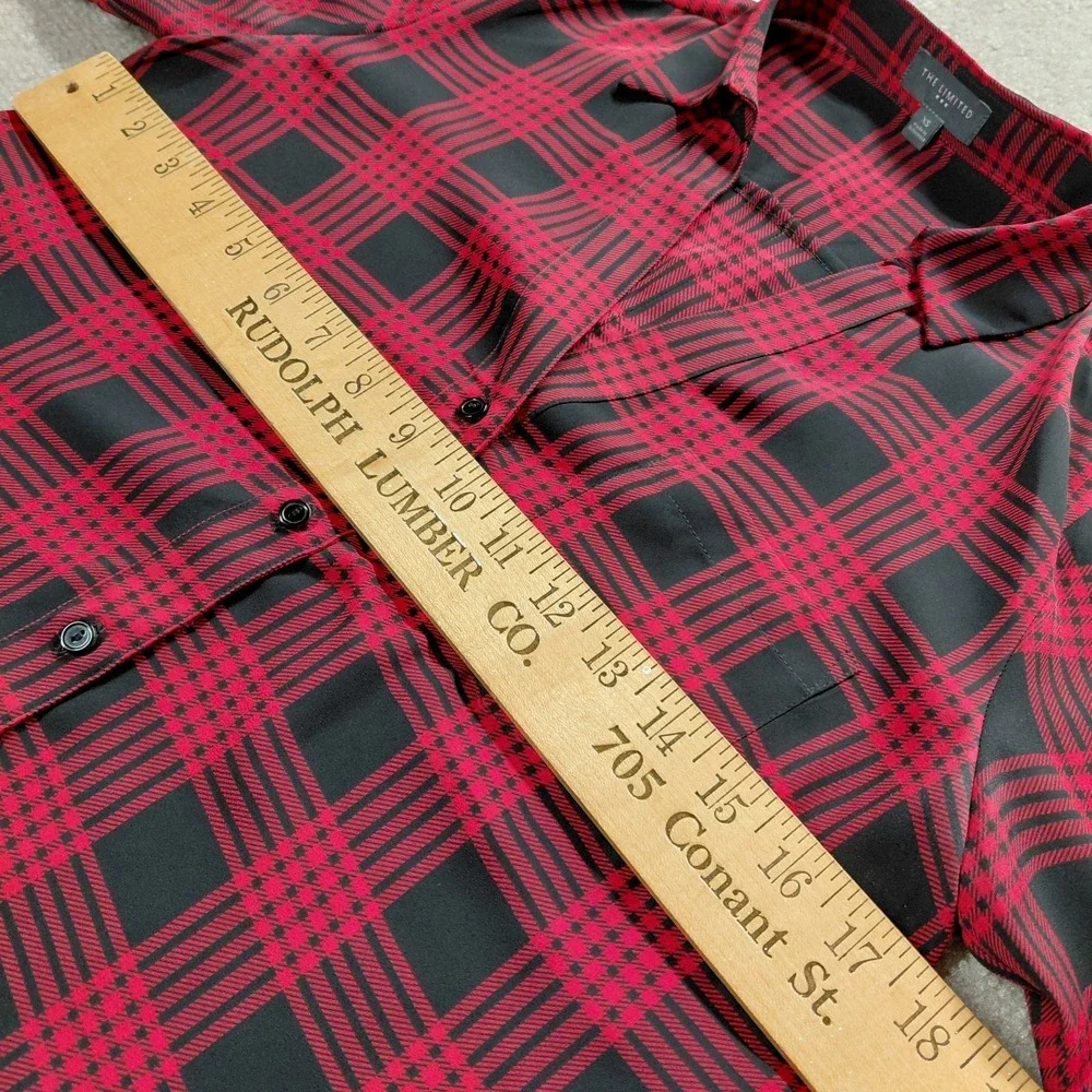 The Limited Blouse Women's XS Plaid Red Black Button Up Tab Sleeve Shirt Top